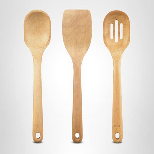 OXO Good Grips 3‑Piece Wooden Utensil Set, Solid Beachwood Spoon, Slotted Spoon and Turner - My Kitchen Products