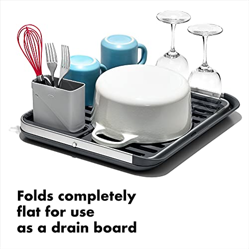 OXO Good Grips Aluminum Fold Flat Dish Drying Rack, 2-Tier, with Drainboard, for Kitchen Counter, Collapsible - My Kitchen Products