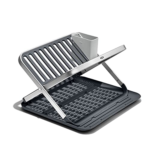 OXO Good Grips Aluminum Fold Flat Dish Drying Rack, 2-Tier, with Drainboard, for Kitchen Counter, Collapsible - My Kitchen Products