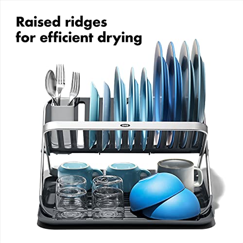 OXO Good Grips Aluminum Fold Flat Dish Drying Rack, 2-Tier, with Drainboard, for Kitchen Counter, Collapsible - My Kitchen Products