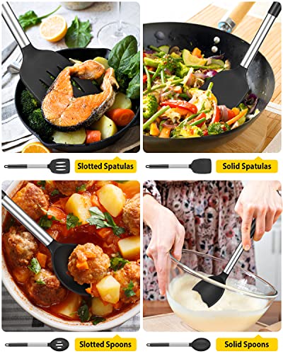 Pack of 4 Silicone Cooking Utensils Set, Non Stick Large Solid Spatulas, Heat Resistant Black Slotted Spoons, Ideal BPA Free Kitchen Turners for Frying, Mixing,Serving,Draining,Turning,Stirring - My Kitchen Products