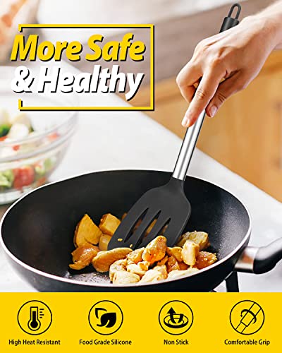 Pack of 4 Silicone Cooking Utensils Set, Non Stick Large Solid Spatulas, Heat Resistant Black Slotted Spoons, Ideal BPA Free Kitchen Turners for Frying, Mixing,Serving,Draining,Turning,Stirring - My Kitchen Products
