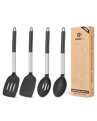 Pack of 4 Silicone Cooking Utensils Set, Non Stick Large Solid Spatulas, Heat Resistant Black Slotted Spoons, Ideal BPA Free Kitchen Turners for Frying, Mixing,Serving,Draining,Turning,Stirring - My Kitchen Products