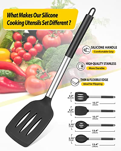 Pack of 4 Silicone Cooking Utensils Set, Non Stick Large Solid Spatulas, Heat Resistant Black Slotted Spoons, Ideal BPA Free Kitchen Turners for Frying, Mixing,Serving,Draining,Turning,Stirring - My Kitchen Products