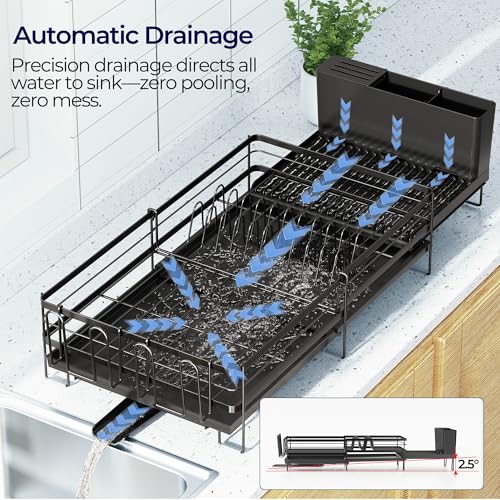Pantasia Large Dish Drying Rack, Expandable Dish Rack for Kitchen Counter, Dish Drainer with Drainboard Set, Multifunctional Dishrack with Utensil & Cup Holder, 13.4"-28.7" L x 11.8" W x 7.8" H, Black - My Kitchen Products