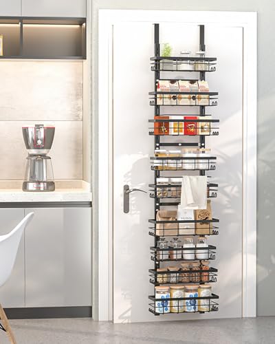 Pantry Door Organizer, 9-Tier Over The Door Pantry Organizer for Kitchen Pantry Storage, Adjustable Metal Hanging Spice Rack with 9 Baskets for Pantry Kitchen Bathroom Laundry Room Closet, Black - My Kitchen Products
