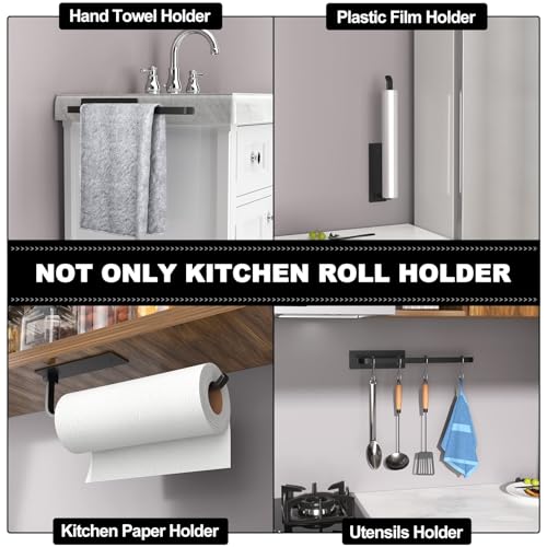 Paper Towel Holder - Self-Adhesive or Drilling, Matte Black, Upgraded Aluminum Kitchen Roll Dispenser Under Cabinet, Lighter but Stronger Than Stainless Steel! - My Kitchen Products