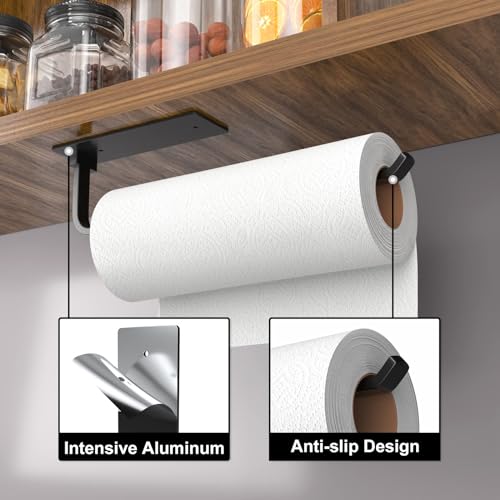 Paper Towel Holder - Self-Adhesive or Drilling, Matte Black, Upgraded Aluminum Kitchen Roll Dispenser Under Cabinet, Lighter but Stronger Than Stainless Steel! - My Kitchen Products