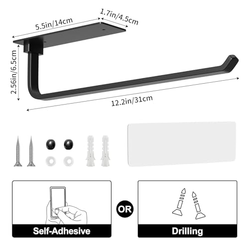 Paper Towel Holder - Self-Adhesive or Drilling, Matte Black, Upgraded Aluminum Kitchen Roll Dispenser Under Cabinet, Lighter but Stronger Than Stainless Steel! - My Kitchen Products