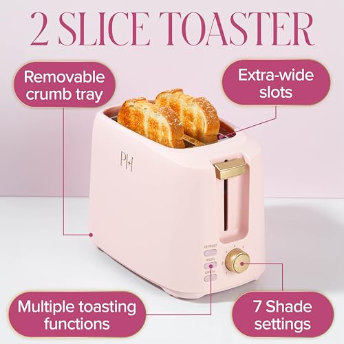Paris Hilton 2-Slice Toaster, Extra-Wide Slots, 7 Browning Settings, Bagel & Defrost Functions, Removable Crumb Tray, Pink - My Kitchen Products