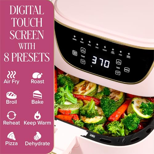 Paris Hilton 6-Quart Air Fryer, Nonstick Basket Made Without PFAS, Touchscreen, 8-in-1 (Fry, Roast, Broil, Bake, Reheat, Keep Warm, Pizza, Dehydrate), Dishwasher Safe Basket and Crisping Tray, Pink - My Kitchen Products