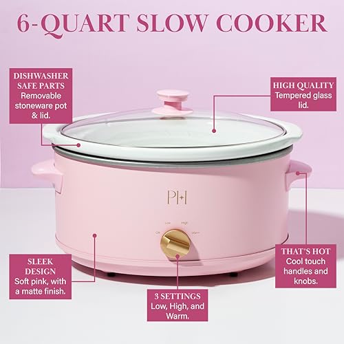 Paris Hilton 6-Quart Manual Slow Cooker, Naturally Nonstick Stoneware Ceramic Insert, Three Settings (Low, High, Warm), Dishwasher Safe Family Size Slow Cooker, Pink - My Kitchen Products