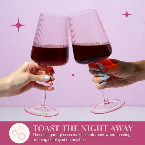 Paris Hilton Ribbed Wine Glass Set, Elegant Fluted Glassware, Perfect for Red Wine or White Wine, Set of 2, 18-Ounce, Pink - My Kitchen Products