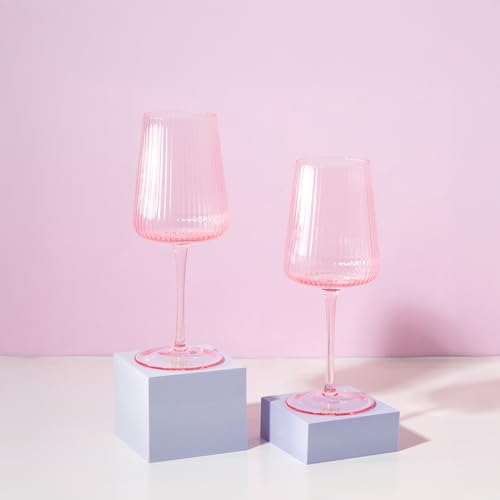 Paris Hilton Ribbed Wine Glass Set, Elegant Fluted Glassware, Perfect for Red Wine or White Wine, Set of 2, 18-Ounce, Pink - My Kitchen Products
