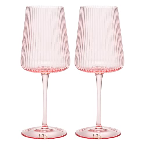 Paris Hilton Ribbed Wine Glass Set, Elegant Fluted Glassware, Perfect for Red Wine or White Wine, Set of 2, 18-Ounce, Pink