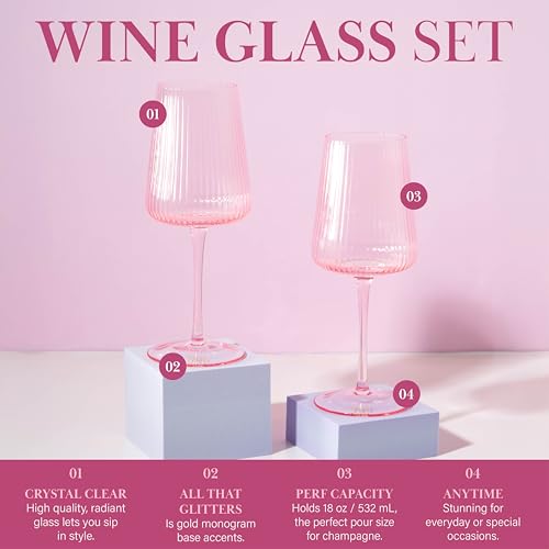 Paris Hilton Ribbed Wine Glass Set, Elegant Fluted Glassware, Perfect for Red Wine or White Wine, Set of 2, 18-Ounce, Pink - My Kitchen Products