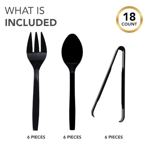Party Essentials Plastic Serving Utensils for Party Buffet Kit, Black, Spoons/Forks/Tongs, 18-Piece - My Kitchen Products