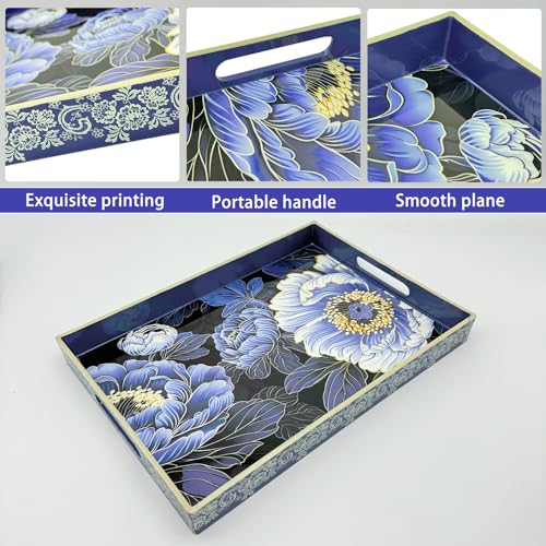PDUHKO Serving Tray with Handles, 15.7 * 11.8 inches, Plastic Ottoman Tray with Exquisite Paintings, Trays for Coffee Table - My Kitchen Products
