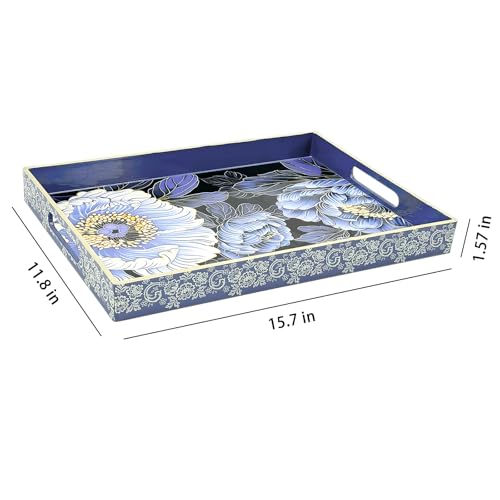 PDUHKO Serving Tray with Handles, 15.7 * 11.8 inches, Plastic Ottoman Tray with Exquisite Paintings, Trays for Coffee Table - My Kitchen Products