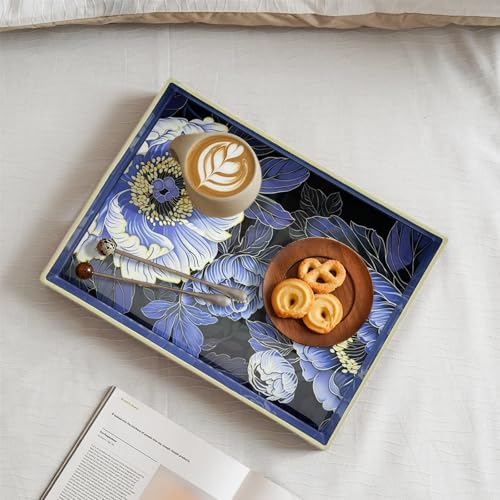PDUHKO Serving Tray with Handles, 15.7 * 11.8 inches, Plastic Ottoman Tray with Exquisite Paintings, Trays for Coffee Table - My Kitchen Products