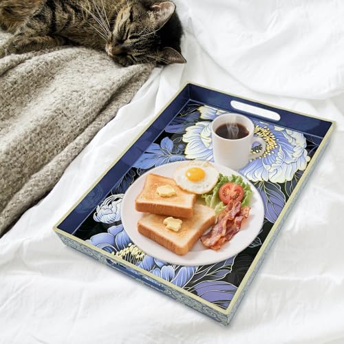 PDUHKO Serving Tray with Handles, 15.7 * 11.8 inches, Plastic Ottoman Tray with Exquisite Paintings, Trays for Coffee Table - My Kitchen Products