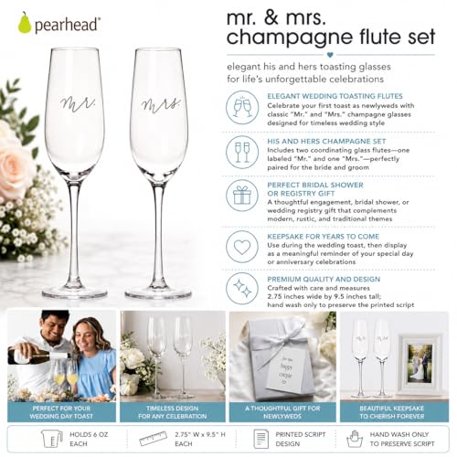 Pearhead Mr. & Mrs. Champagne Flute Set - Elegant His and Hers Wedding Toasting Glasses for Unforgettable Celebrations, Bridal Shower and Registry Idea, Tall Wine Glasses for Bride and Groom - My Kitchen Products