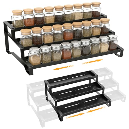 PEEKUP 3-Tier Spice Rack Organizer, 13"-21.5" Expandable Spice Organization Shelf, Metal Seasoning Organizer for Kitchen Countertop or Pantry, Slip-Resistant Design for Jars and Bottles, Black - My Kitchen Products