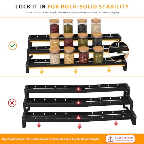 PEEKUP 3-Tier Spice Rack Organizer, 13"-21.5" Expandable Spice Organization Shelf, Metal Seasoning Organizer for Kitchen Countertop or Pantry, Slip-Resistant Design for Jars and Bottles, Black - My Kitchen Products