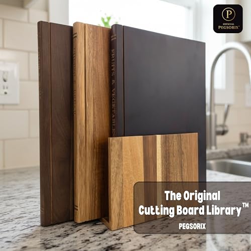 PEGSORIX The Cutting Board Library™ (Original Design) | Decorative Kitchen Board Collection Bundle with Display Stand | Premium Acacia Wood | Stabilized Non-Slip Base - My Kitchen Products