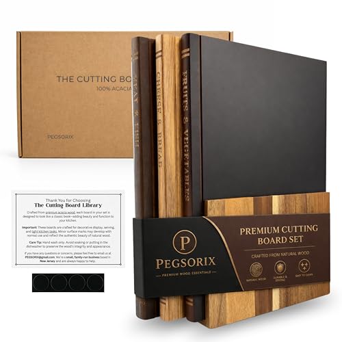 PEGSORIX The Cutting Board Library™ (Original Design) | Decorative Kitchen Board Collection Bundle with Display Stand | Premium Acacia Wood | Stabilized Non-Slip Base - My Kitchen Products