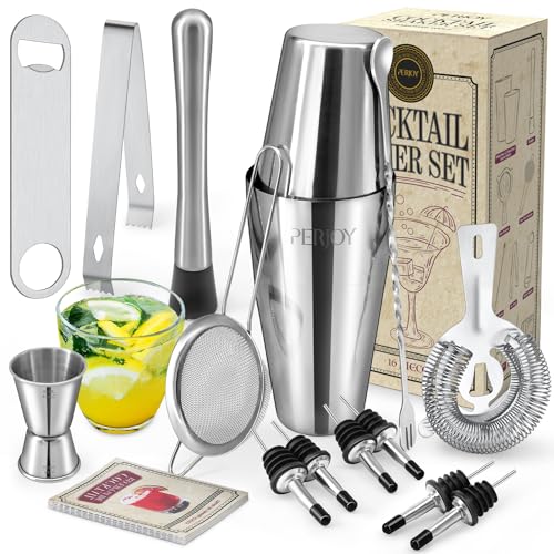 Perjoy Cocktail Shaker Set, 16 Piece Bartender Kit, Cocktail Shaker, Stainless Steel Bar Set Accessories, Coktail