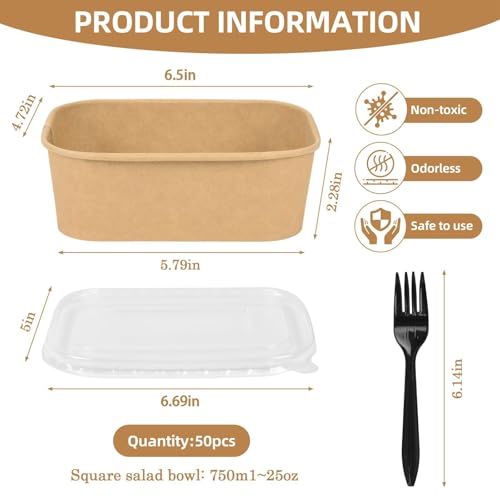 Peseojiar 50 Pack Disposable Meal Prep Containers, 25oz Disposable Large Paper Bowls with Lids and Forks for Salad, Noodles, Freezer and Microwavable Storage Use Cardboard Food Containers - My Kitchen Products