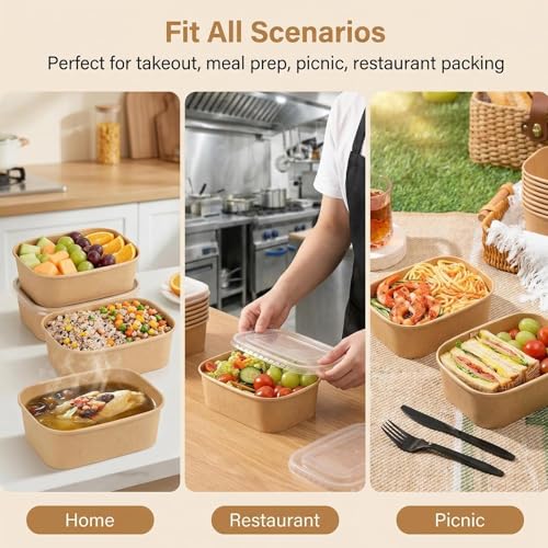 Peseojiar 50 Pack Disposable Meal Prep Containers, 25oz Disposable Large Paper Bowls with Lids and Forks for Salad, Noodles, Freezer and Microwavable Storage Use Cardboard Food Containers - My Kitchen Products