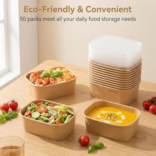 Peseojiar 50 Pack Disposable Meal Prep Containers, 25oz Disposable Large Paper Bowls with Lids and Forks for Salad, Noodles, Freezer and Microwavable Storage Use Cardboard Food Containers - My Kitchen Products