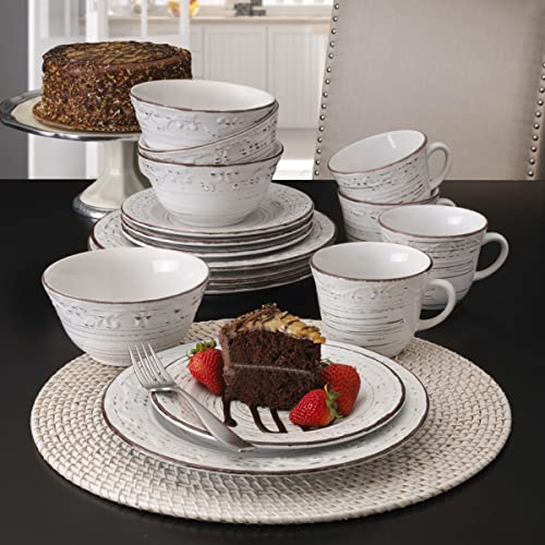 Pfaltzgraff Trellis White 16-Piece Stoneware Dinnerware Set, Service for 4, Distressed White Finish, Microwave & Dishwasher Safe Plates and Bowls - My Kitchen Products