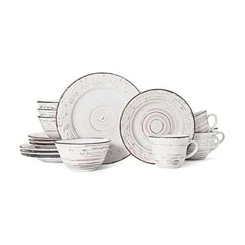 Pfaltzgraff Trellis White 16-Piece Stoneware Dinnerware Set, Service for 4, Distressed White Finish, Microwave & Dishwasher Safe Plates and Bowls - My Kitchen Products