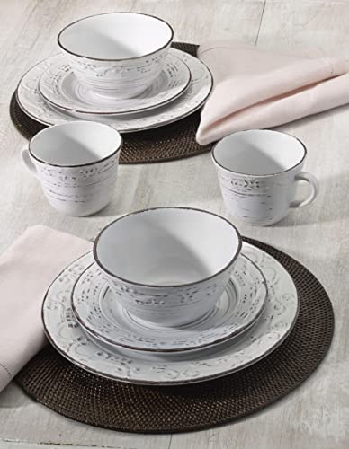 Pfaltzgraff Trellis White 16-Piece Stoneware Dinnerware Set, Service for 4, Distressed White Finish, Microwave & Dishwasher Safe Plates and Bowls - My Kitchen Products