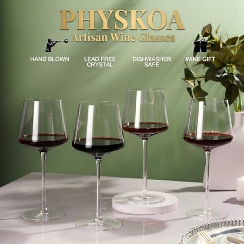 Physkoa 18OZ Red Wine Glasses Set of 4-LeadFree Crystal Wine Glass with Tall Long Stem【Hand Blown Italian Style】 Stemmed Square Wine Glasses Gifts for Home Party - My Kitchen Products