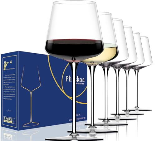 Physkoa White Red Wine Glasses Set of 6, 18oz Clear【Hand Blown】 Crystal Wine Glass, Tall Long Stem Modern Wine