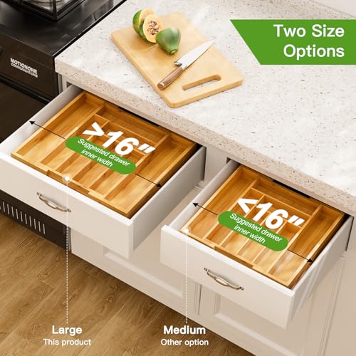 Pipishell Bamboo Expandable Silverware Drawer Organizer, Adjustable Kitchen Utensil Tray for Forks, Spoons and Knives, Wood Storage Cutlery Holder for Bedroom and Living Room - My Kitchen Products