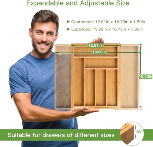 Pipishell Bamboo Expandable Silverware Drawer Organizer, Adjustable Kitchen Utensil Tray for Forks, Spoons and Knives, Wood Storage Cutlery Holder for Bedroom and Living Room - My Kitchen Products