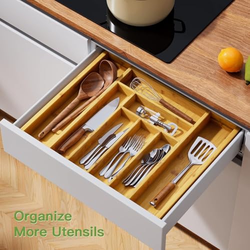 Pipishell Bamboo Expandable Silverware Drawer Organizer, Adjustable Kitchen Utensil Tray for Forks, Spoons and Knives, Wood Storage Cutlery Holder for Bedroom and Living Room - My Kitchen Products