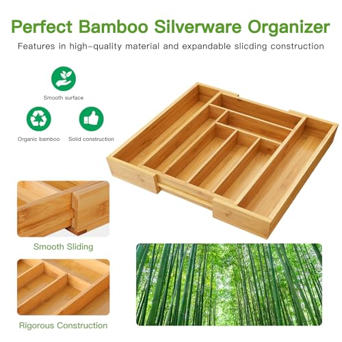 Pipishell Bamboo Expandable Silverware Drawer Organizer, Adjustable Kitchen Utensil Tray for Forks, Spoons and Knives, Wood Storage Cutlery Holder for Bedroom and Living Room - My Kitchen Products