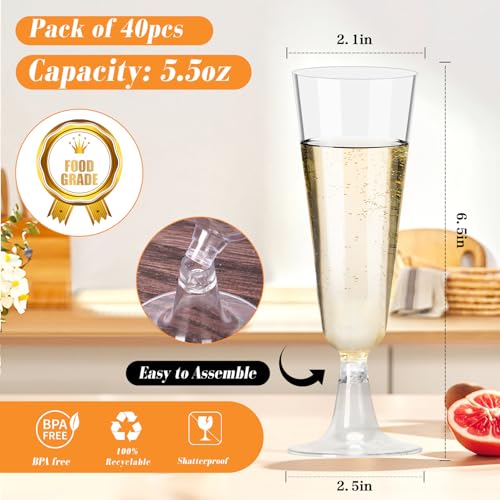 Plastic Champagne Flutes 40 Pack, 5.5 Oz Clear Disposable Plastic Champagne Glasses, Wine Glasses Cups for Wedding Celebration Birthday Party Valentines Wine Tasting New Years Eve Party Supplies - My Kitchen Products