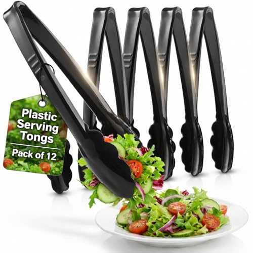 Plastic Tongs for Serving (Pack of 12) 9 Inch - Heavy-Duty Hard Plastic Reusable or Disposable Serving Tongs for Catering