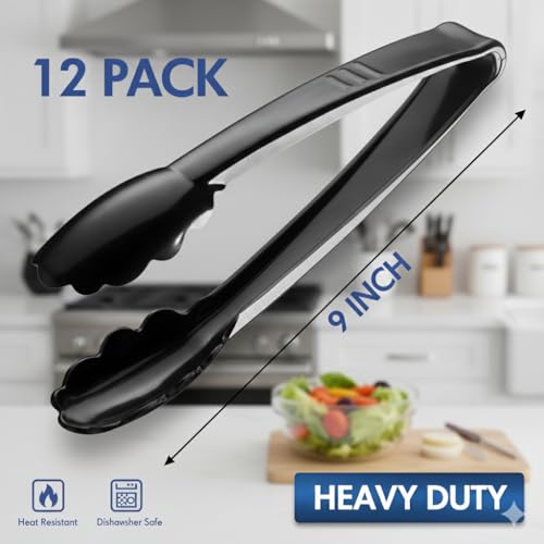 Plastic Tongs for Serving (Pack of 12) 9 Inch - Heavy-Duty Hard Plastic Reusable or Disposable Serving Tongs for Catering, Dinner Parties, Banquets, Buffets, Events, Weddings and Everyday Use, Black - My Kitchen Products