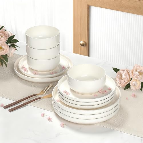 Plates and Bowls Sets, Dinnerware Sets for 4, 12 Pieces Scratch Resistant Dishware Dishes Set, Ceramic Kitchen Dinner Set, Porcelain & Microwave and Dishwasher Safe, Cream White - My Kitchen Products