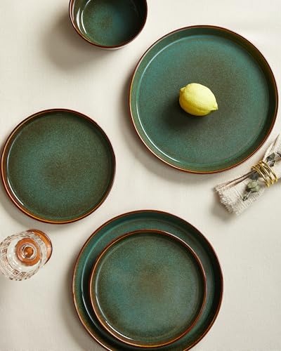 Pokini Plates and Bowls Sets for 4, Ceramic Dinnerware Sets, Kitchen Dish Set, Microwave & Dishwasher Safe Dishware, Highly Durable Hand Glazed Dinner Set, Brown Green - My Kitchen Products