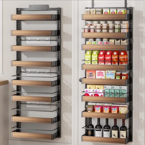 POKIPO 8 Tier Over The Door Pantry Organizer, 2 IN 1 Wall Mount or Hanging Spice Rack Seasoning Shelves with Adjustable Basket, Back of Door Organizer and Storage for Kitchen Cabinet and Room Closet - My Kitchen Products