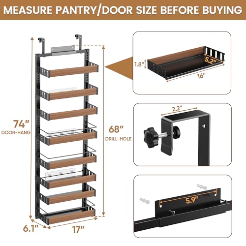 POKIPO 8 Tier Over The Door Pantry Organizer, 2 IN 1 Wall Mount or Hanging Spice Rack Seasoning Shelves with Adjustable Basket, Back of Door Organizer and Storage for Kitchen Cabinet and Room Closet - My Kitchen Products